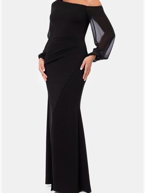 Betsy & Adam Black One-Shoulder Maxi Dress with Sheer Bishop Sleeves